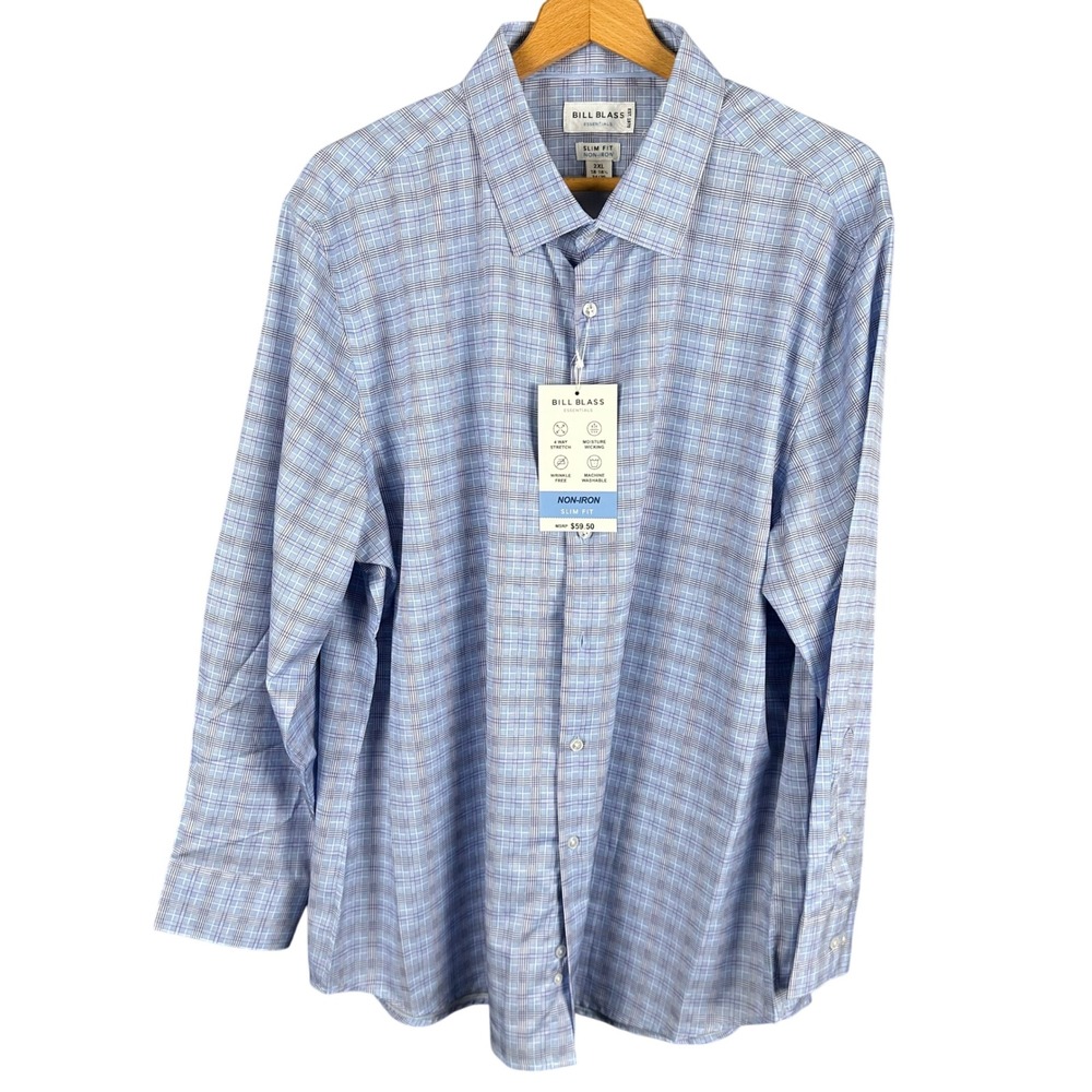 Bill Blass Essentials Mens 2XL Slim Fit Non-Iron Plaid Dress Shirt Blue NWT